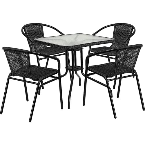 Centerline Dynamics Outdoor Seating Lila 5 Piece Square Glass Metal Table w/ Stack Chairs, Black