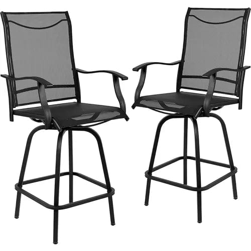 Centerline Dynamics Outdoor Seating Patio Bar Height Stools, All-Weather Textilene Sling Fabric Seat & Back, Black, 2/PK