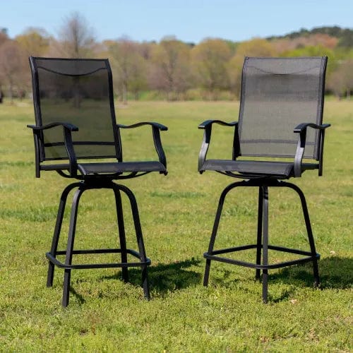 Centerline Dynamics Outdoor Seating Patio Bar Height Stools, All-Weather Textilene Sling Fabric Seat & Back, Black, 2/PK