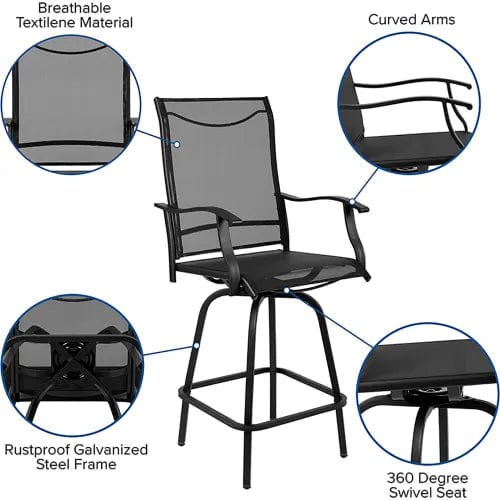 Centerline Dynamics Outdoor Seating Patio Bar Height Stools, All-Weather Textilene Sling Fabric Seat & Back, Black, 2/PK