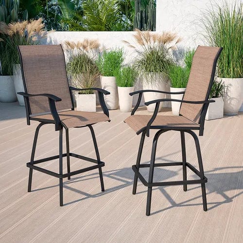Centerline Dynamics Outdoor Seating Patio Bar Height Stools, All-Weather Textilene Sling Fabric Seat & Back, Brown, 2/PK