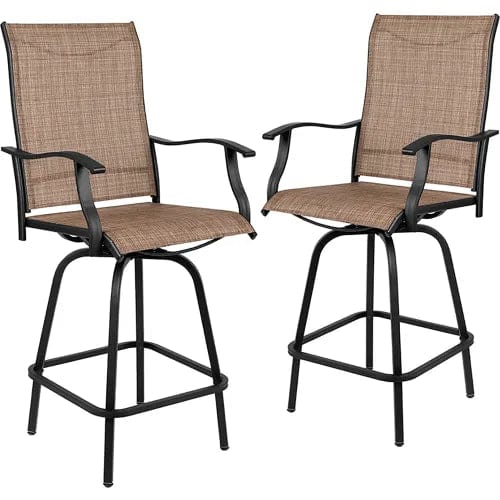 Centerline Dynamics Outdoor Seating Patio Bar Height Stools, All-Weather Textilene Sling Fabric Seat & Back, Brown, 2/PK