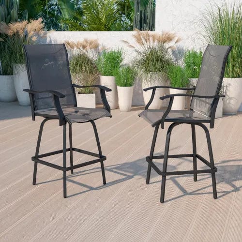 Centerline Dynamics Outdoor Seating Patio Bar Height Stools, All-Weather Textilene Sling Fabric Seat & Back, Gray, 2/PK
