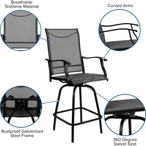 Centerline Dynamics Outdoor Seating Patio Bar Height Stools, All-Weather Textilene Sling Fabric Seat & Back, Gray, 2/PK
