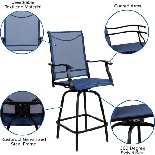 Centerline Dynamics Outdoor Seating Patio Bar Height Stools, All-Weather Textilene Sling Fabric Seat & Back, Navy, 2/PK