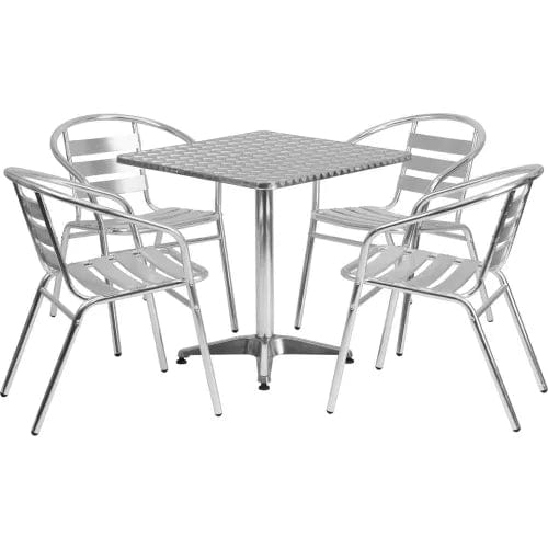 Centerline Dynamics Outdoor Seating Square Aluminum Outdoor Dining Table Set w/ 4 Slat Back Chairs