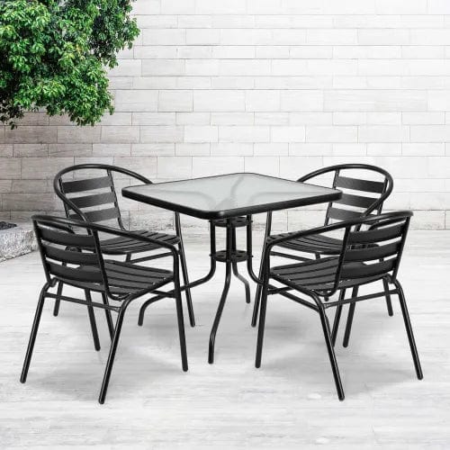 Centerline Dynamics Outdoor Seating Square Glass Outdoor Dining Table Set w/ 4 Aluminium Slat Chairs, Black