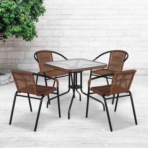 Centerline Dynamics Outdoor Seating Square Glass Outdoor Dining Table Set w/ 4 Rattan Stack Chairs, Dark Brown