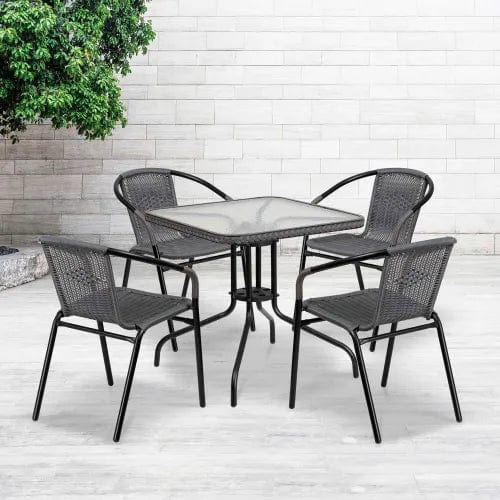 Centerline Dynamics Outdoor Seating Square Glass Outdoor Dining Table Set w/ 4 Rattan Stack Chairs, Gray