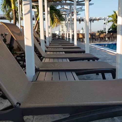 Centerline Dynamics Outdoor Seating Sunset Adj. Sling Chaise Lounge, Cognac Sling On Fusion Bronze Frame - Pkg Qty 12