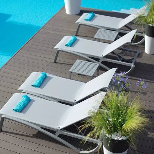 Centerline Dynamics Outdoor Seating Sunset Adj. Sling Chaise Lounge, Madras Blue Sling On Glacier White Frame - Pkg Qty 2