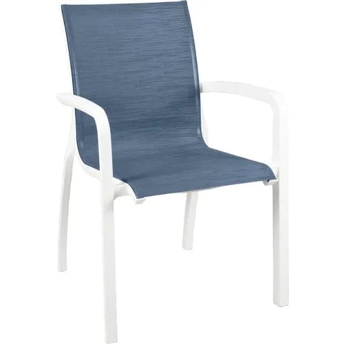 Centerline Dynamics Outdoor Seating Sunset Stacking Outdoor Armchair, Madras Blue Sling On Glacier White Frame, 16/Pack