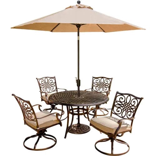 Centerline Dynamics Outdoor Seating Traditions 5 Piece Outdoor Dining Set w/ Swivel Chairs & Umbrella Table