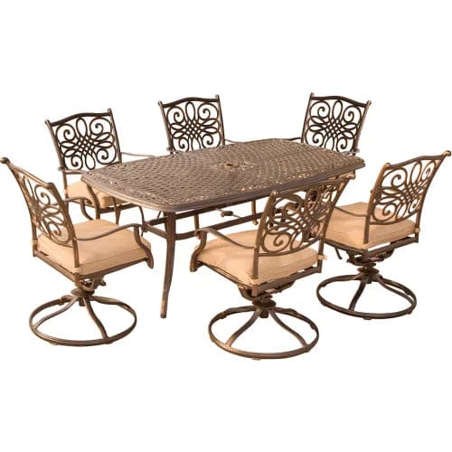 Centerline Dynamics Outdoor Seating Traditions 7 Piece Dining Set w/ Cast Top Dining Table & 6 Swivel Rockers