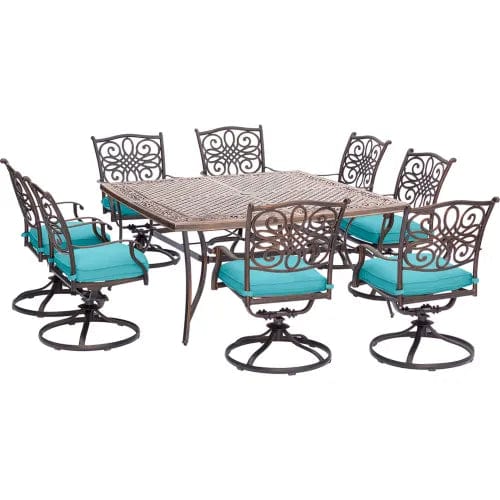 Centerline Dynamics Outdoor Seating Traditions 9 Piece Dining Set w/ Cast Top Dining Table & 8 Swivel Rockers