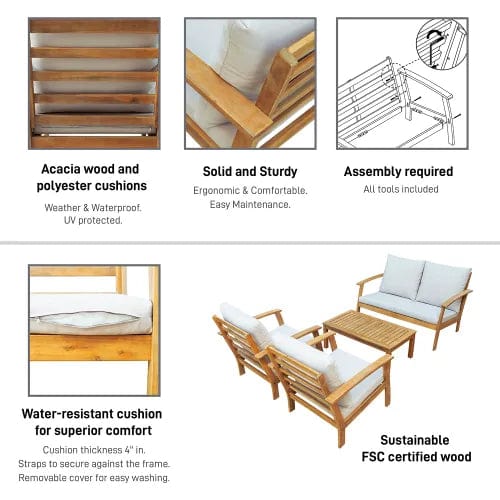 Centerline Dynamics Outdoor Seating Truwood FSC Wood 4 Piece Patio Set with Beige Cushions