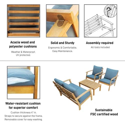 Centerline Dynamics Outdoor Seating Truwood FSC Wood 4 Piece Patio Set with Gray Cushions