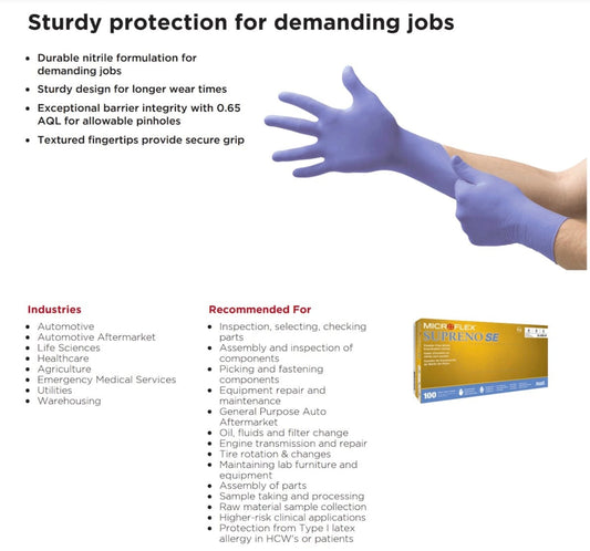 Centerline Dynamics PPE Ansell MICROFLEX® Supreno® SE SU-690 Nitrile Gloves, Powder-Free, Beaded, Size L, 100/Pack