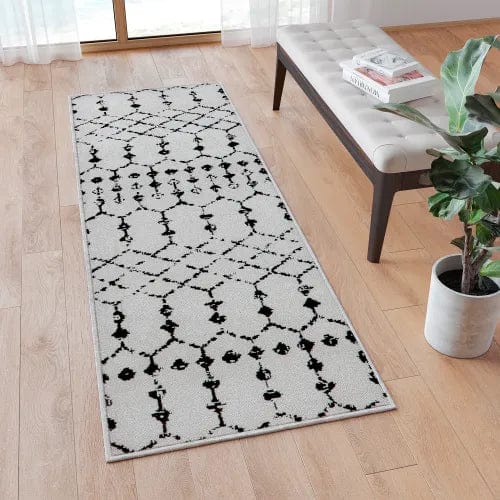Centerline Dynamics Rugs Geometric Bohemian Low Pile Rug, 2' x 6', Ivory/Black