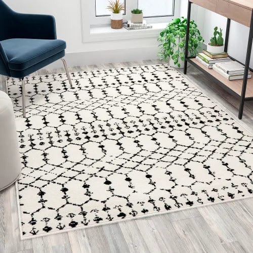 Centerline Dynamics Rugs Geometric Bohemian Low Pile Rug, 5' x 7', Ivory/Black