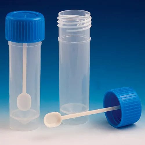 Centerline Dynamics Specimen Bags & Containers Fecal Container, 30mL, Screw Cap with Spoon, Polypropylene, Conical Bottom, Self-Standing, 500/Pack