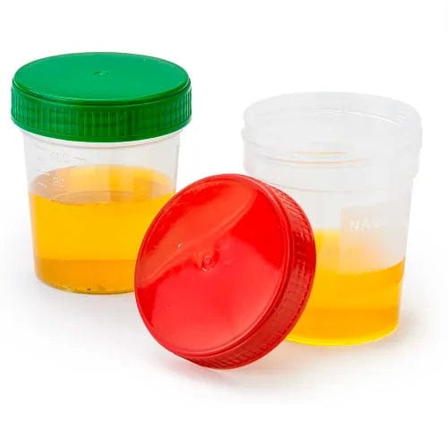 Centerline Dynamics Specimen Bags & Containers Graduated Specimen Container, 4 oz., Red Screwcap, Frosted Writing Area, Polypropylene, 500/Pack