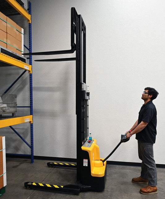 Centerline Dynamics Stackers Vestil Steel Adjustable Double Mast Stacker 118 In. Raised Height Variable Speed 2200 Lb. Capacity