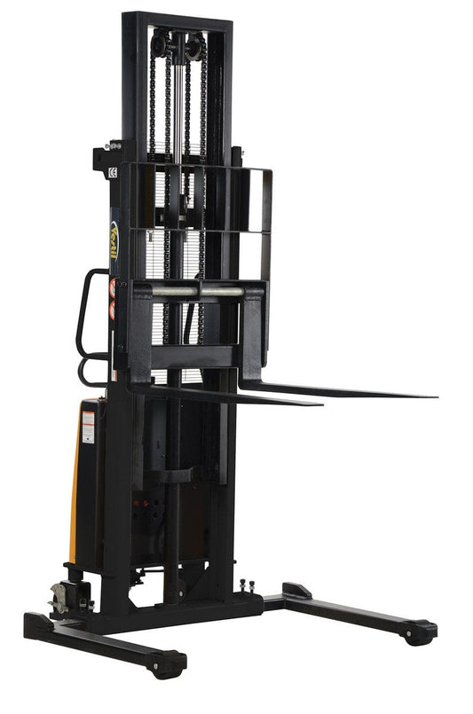 Centerline Dynamics Stackers Vestil Steel Adjustable Stacker with Powered Lift 118 In. Raised Height 2,000 Lb. Capacity