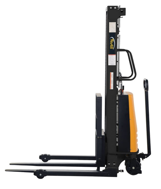 Centerline Dynamics Stackers Vestil Steel Adjustable Stacker with Powered Lift 118 In. Raised Height 2,000 Lb. Capacity
