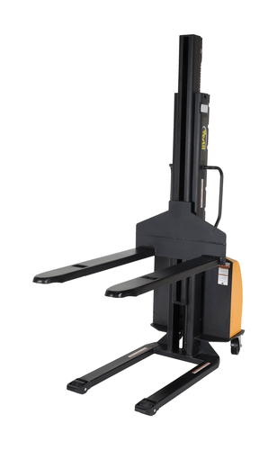 Centerline Dynamics Stackers Vestil Steel Narrow Mast Stacker DC Powered 118 In. Raised Height Fixed Forks 45 In. Fork Width 1,500 Lb. Capacity