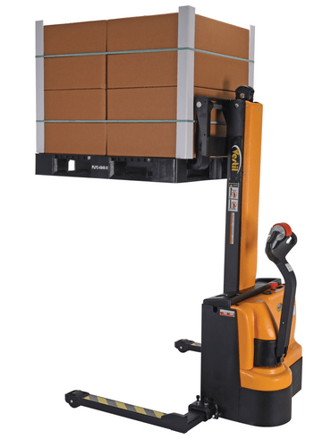 Centerline Dynamics Stackers Vestil Steel Narrow Mast Stacker DC Powered 62 In. Raised Height Adjustable Forks and Support Legs 2,200 Lb. Capacity