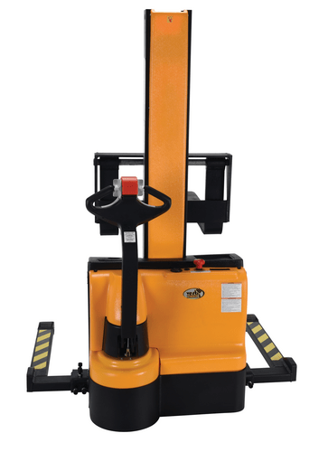 Centerline Dynamics Stackers Vestil Steel Narrow Mast Stacker DC Powered 62 In. Raised Height Adjustable Forks and Support Legs 2,200 Lb. Capacity
