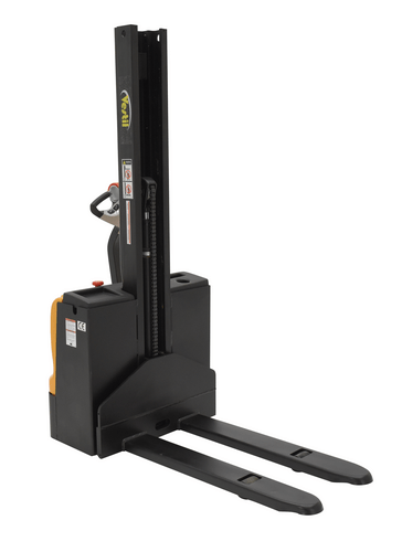 Centerline Dynamics Stackers Vestil Steel Narrow Mast Stacker DC Powered 62 In. Raised Height Fixed Fork 21 In. Fork Width 2,200 Lb. Capacity