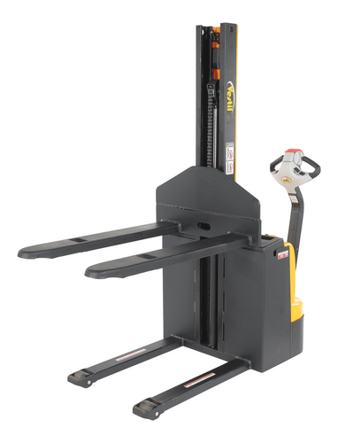 Centerline Dynamics Stackers Vestil Steel Narrow Mast Stacker DC Powered 62 In. Raised Height Fixed Fork 27 In. Fork Width 2,200 Lb. Capacity