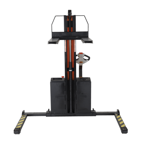 Centerline Dynamics Stackers Vestil Steel Narrow Mast Stacker DC Powered 62 In. Raised Height Fixed Fork Adjustable Support Legs 2,200 Lb. Capacity