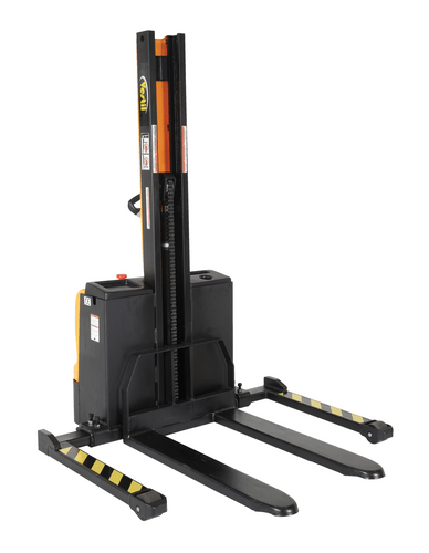 Centerline Dynamics Stackers Vestil Steel Narrow Mast Stacker DC Powered 62 In. Raised Height Fixed Fork Adjustable Support Legs 2,200 Lb. Capacity