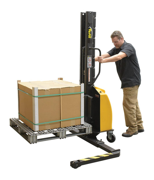 Centerline Dynamics Stackers Vestil Steel Narrow Mast Stacker DC Powered 63 In. Raised Height Adjustable Forks and Support Legs 1,000 Lb. Capacity