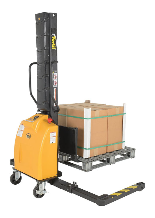 Centerline Dynamics Stackers Vestil Steel Narrow Mast Stacker DC Powered 63 In. Raised Height Adjustable Forks and Support Legs 1,000 Lb. Capacity