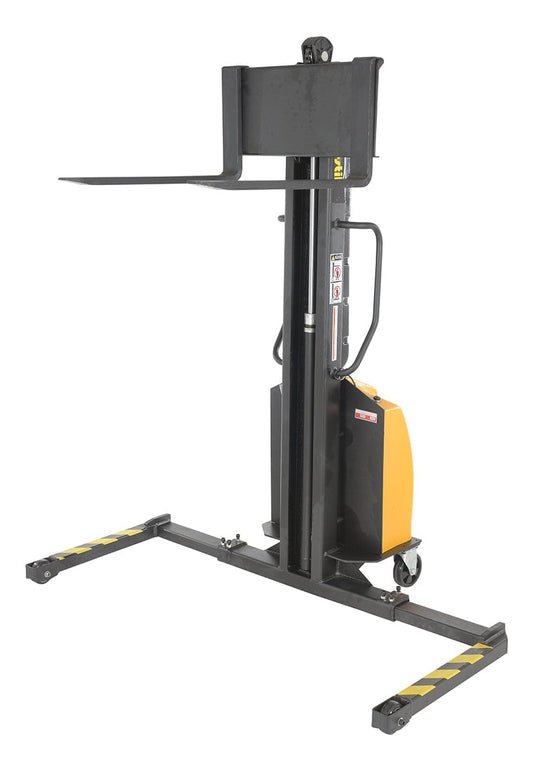 Centerline Dynamics Stackers Vestil Steel Narrow Mast Stacker DC Powered 63 In. Raised Height Adjustable Forks and Support Legs 1,000 Lb. Capacity