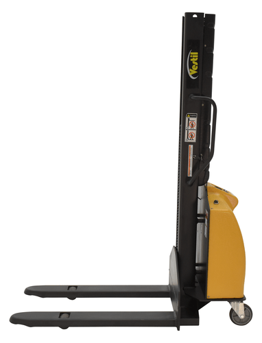 Centerline Dynamics Stackers Vestil Steel Narrow Mast Stacker DC Powered 63 In. Raised Height Fixed Forks 30 In. Fork Width 1,000 Lb. Capacity