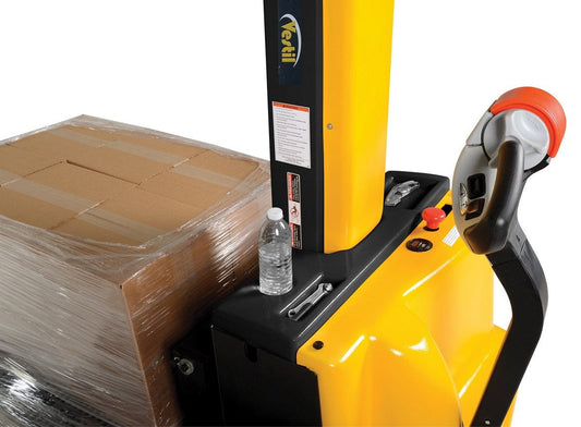 Centerline Dynamics Stackers Vestil Steel Narrow Mast Stacker DC Powered 90 In. Raised Height Adjustable Forks and Support Legs 2,500 Lb. Capacity