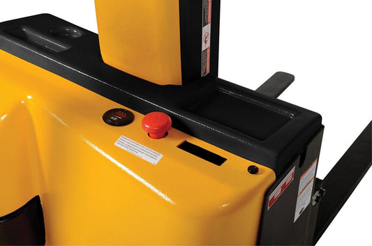 Centerline Dynamics Stackers Vestil Steel Narrow Mast Stacker DC Powered 90 In. Raised Height Adjustable Forks and Support Legs 2,500 Lb. Capacity