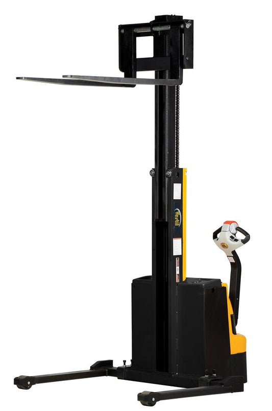 Centerline Dynamics Stackers Vestil Steel Narrow Mast Stacker DC Powered 90 In. Raised Height Adjustable Forks and Support Legs 2,500 Lb. Capacity