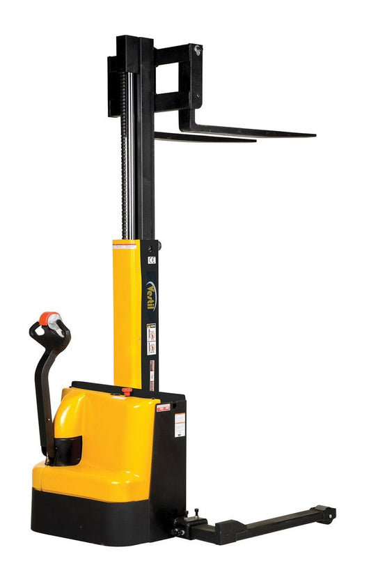 Centerline Dynamics Stackers Vestil Steel Narrow Mast Stacker DC Powered 90 In. Raised Height Adjustable Forks and Support Legs 2,500 Lb. Capacity
