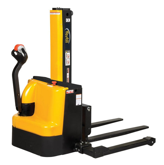 Centerline Dynamics Stackers Vestil Steel Narrow Mast Stacker DC Powered 90 In. Raised Height Adjustable Forks and Support Legs 2,500 Lb. Capacity