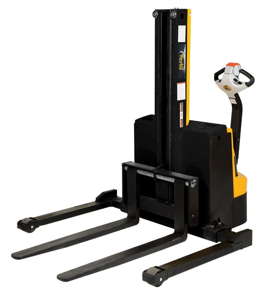 Centerline Dynamics Stackers Vestil Steel Narrow Mast Stacker DC Powered 90 In. Raised Height Adjustable Forks and Support Legs 2,500 Lb. Capacity