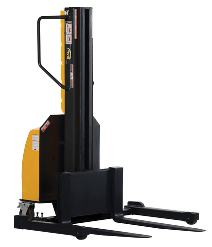 Centerline Dynamics Stackers Vestil Steel Narrow Mast Stacker DC Powered 98 In. Raised Height Adjustable Forks and Support Legs 1,500 Lb. Capacity