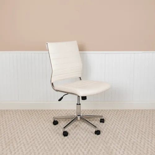Centerline Dynamics Task & Desk Chairs White Mid-Back Armless Black LeatherSoft Contemporary Ribbed Executive Swivel Office Chair