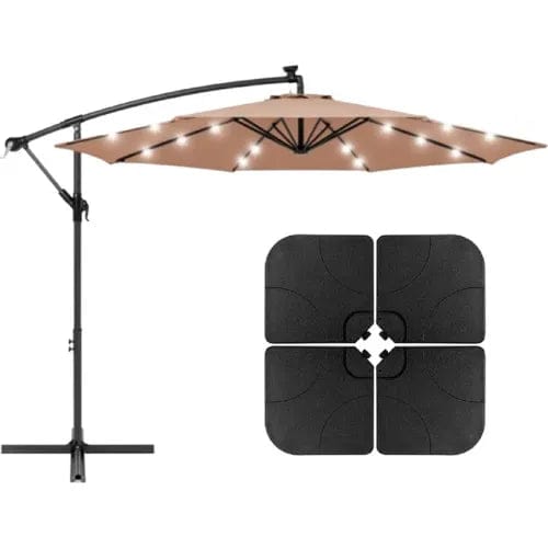 Centerline Dynamics Umbrellas & Bases AZ Patio Heaters Offset Cantilever Umbrella w/ LED Lights & Base Set (4pc), 9-7/8' W, Tan