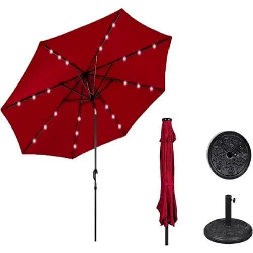 Centerline Dynamics Umbrellas & Bases Solar Market Umbrella w/ LED Lights and Base, Crank/Tilt, 9-7/8' W, Red